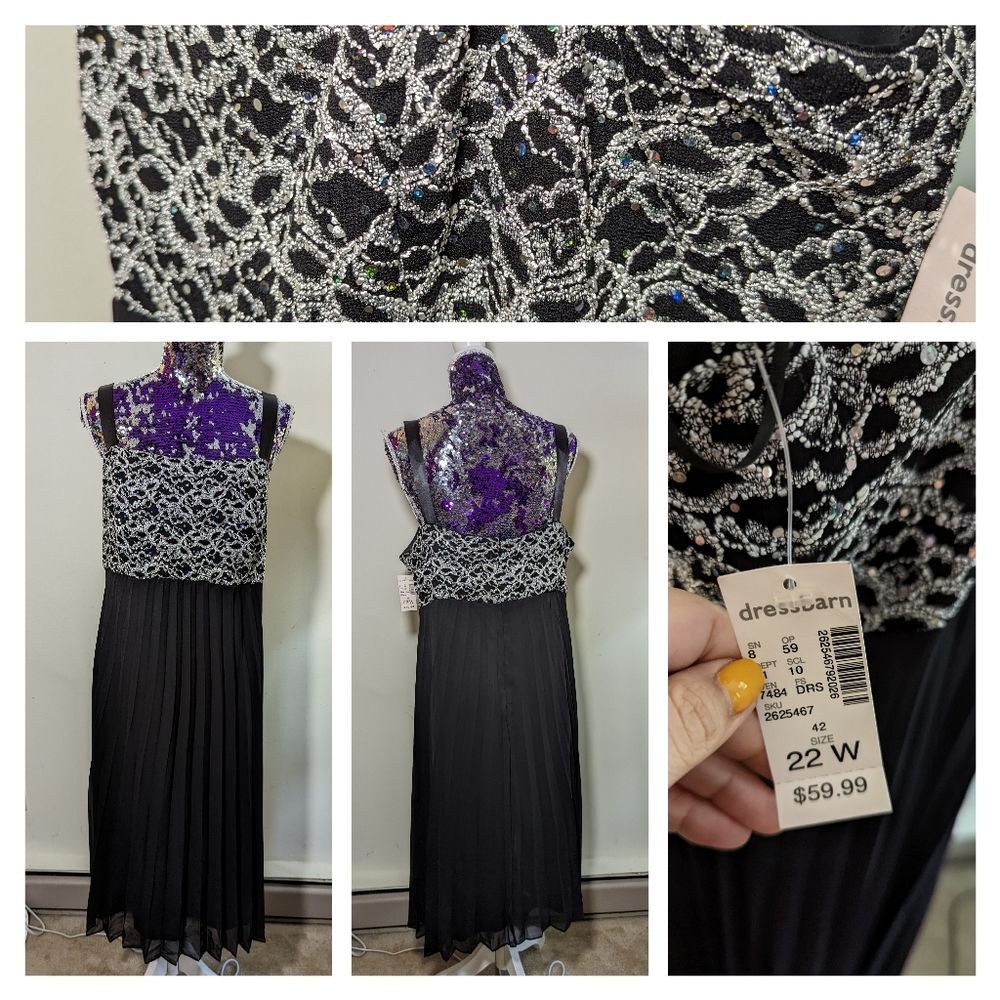 Dress Barn NWT 22W Black Gown with Silver Embroidered‎ Glitter Top